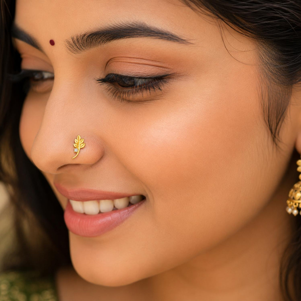 White CZ Leaf Motif Nose Pin – Sterling Silver Gold Plated