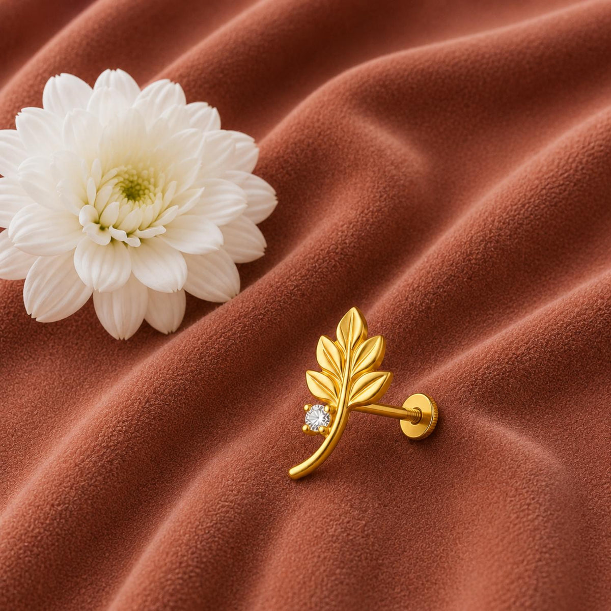 White CZ Leaf Motif Nose Pin – Sterling Silver Gold Plated