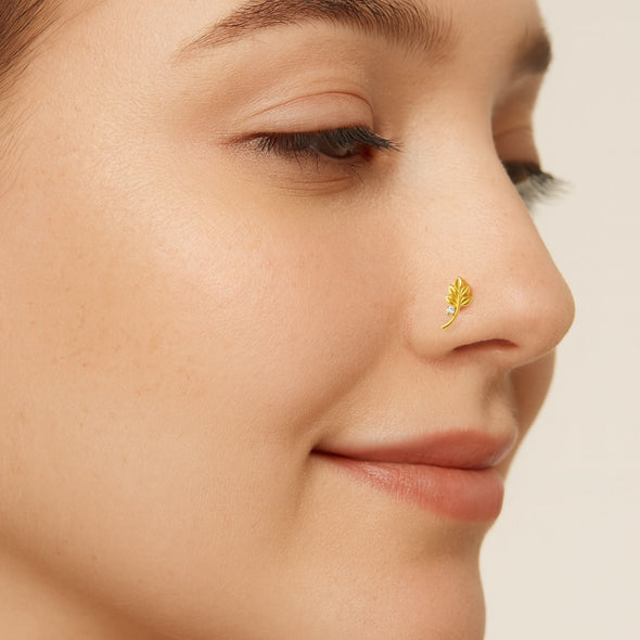 White CZ Leaf Motif Nose Pin – Sterling Silver Gold Plated