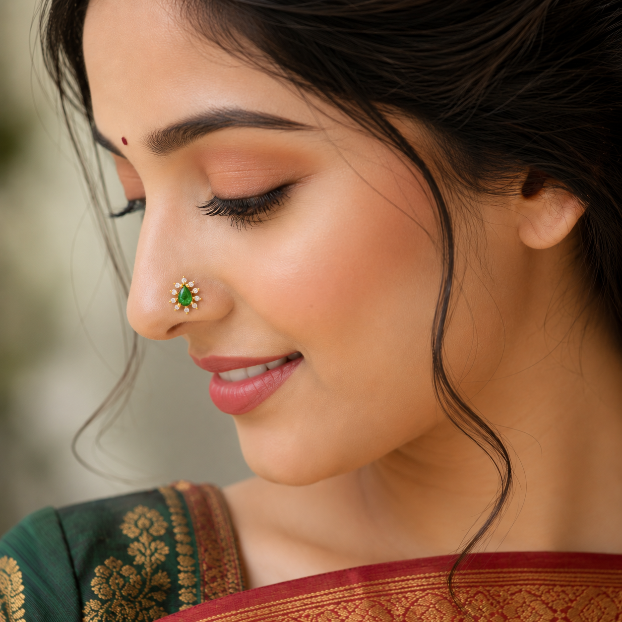 Green CZ Teardrop Halo Nose Pin - Sterling Silver Gold Plated