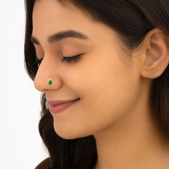 Green CZ Teardrop Halo Nose Pin - Sterling Silver Gold Plated