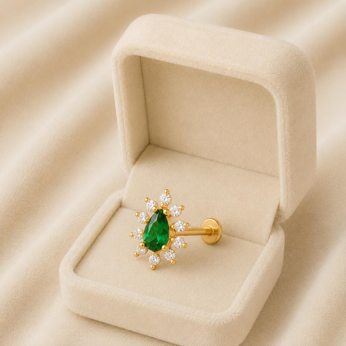 Green CZ Teardrop Halo Nose Pin - Sterling Silver Gold Plated
