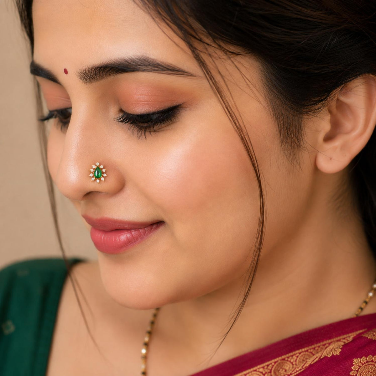 Green CZ Teardrop Halo Nose Pin - Sterling Silver Gold Plated