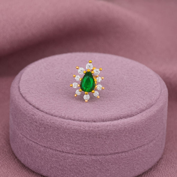 Green CZ Teardrop Halo Nose Pin - Sterling Silver Gold Plated