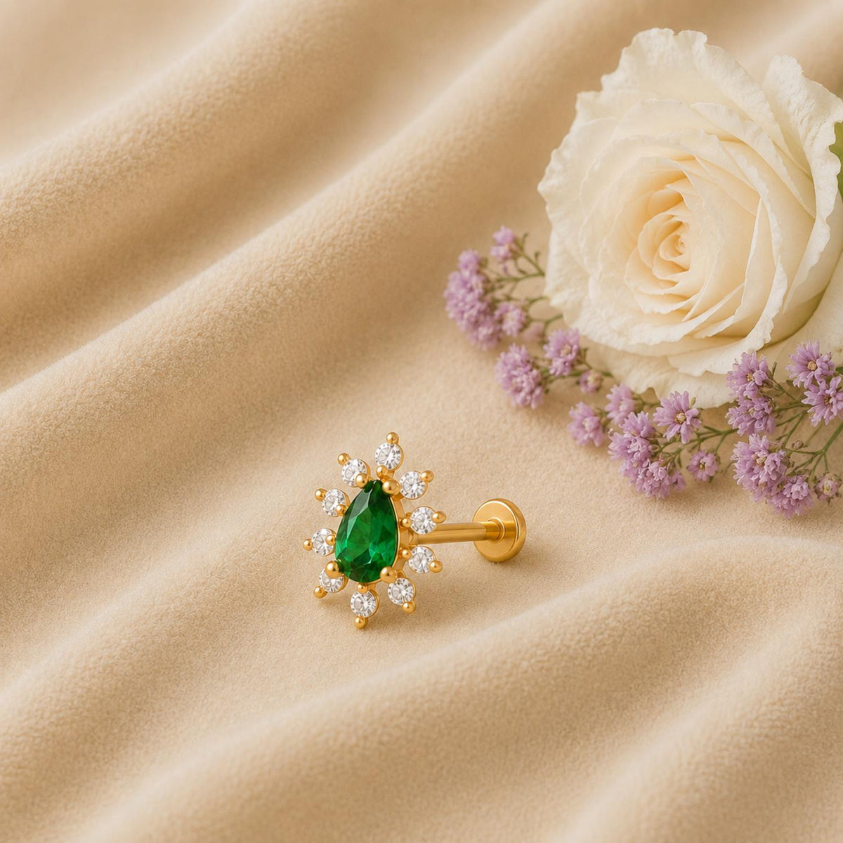 Green CZ Teardrop Halo Nose Pin - Sterling Silver Gold Plated