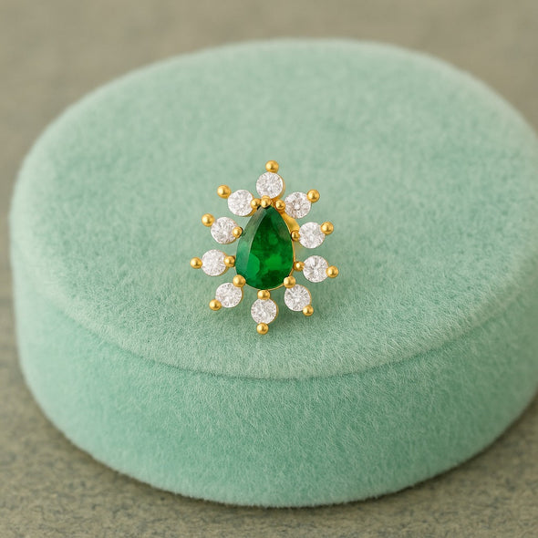 Green CZ Teardrop Halo Nose Pin - Sterling Silver Gold Plated