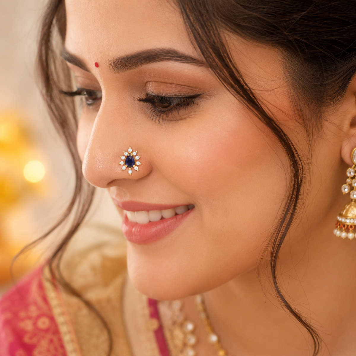 Gold Plated Blue CZ Starburst Nose Pin – Pear Cut Statement Floral Design