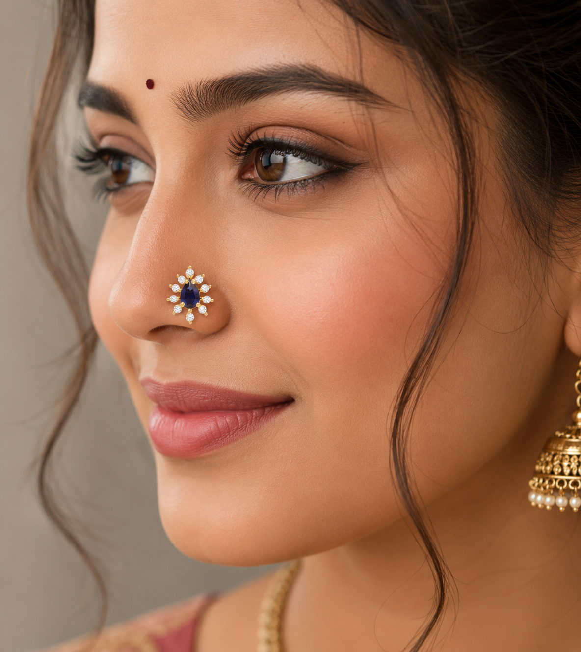 Gold Plated Blue CZ Starburst Nose Pin – Pear Cut Statement Floral Design
