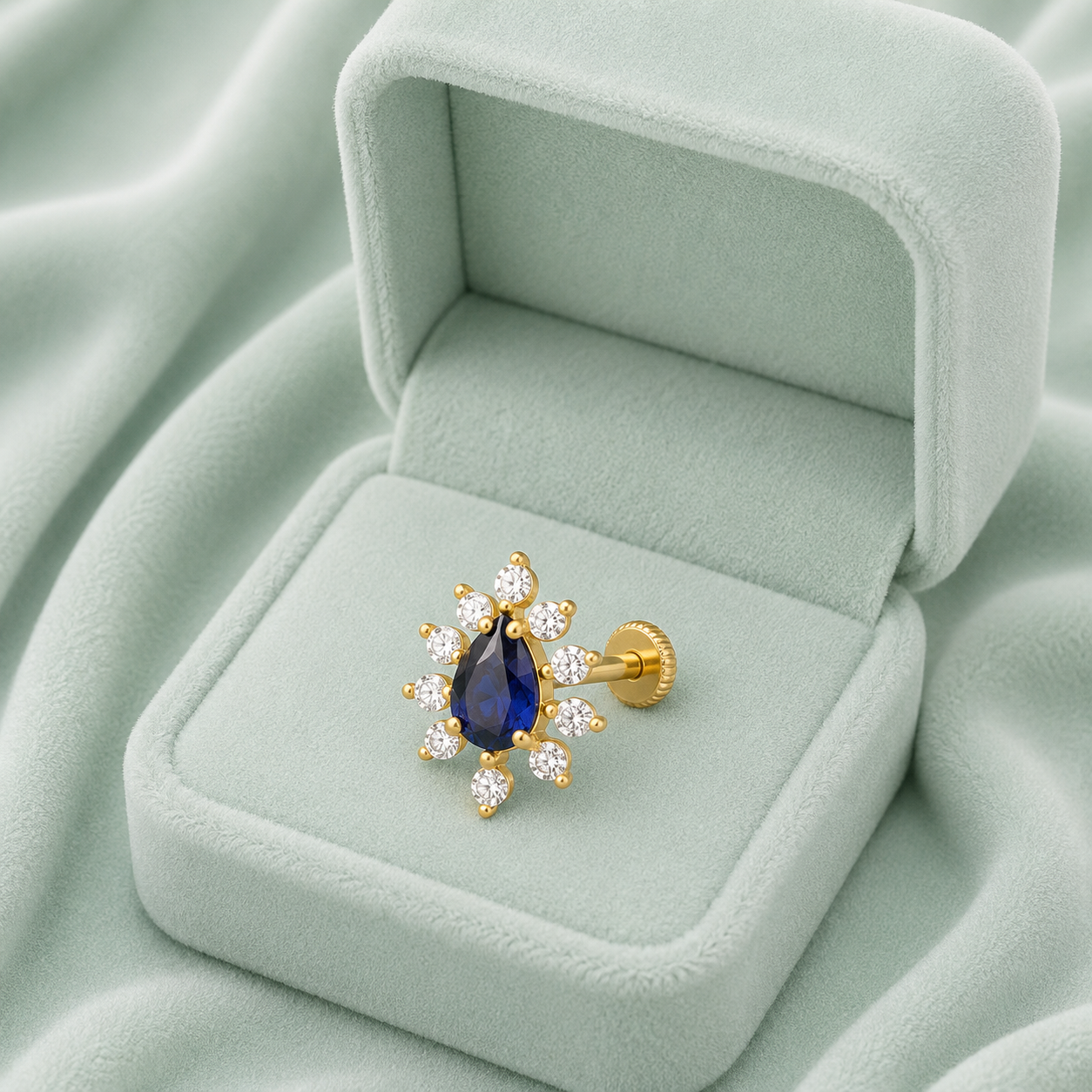 Gold Plated Blue CZ Starburst Nose Pin – Pear Cut Statement Floral Design