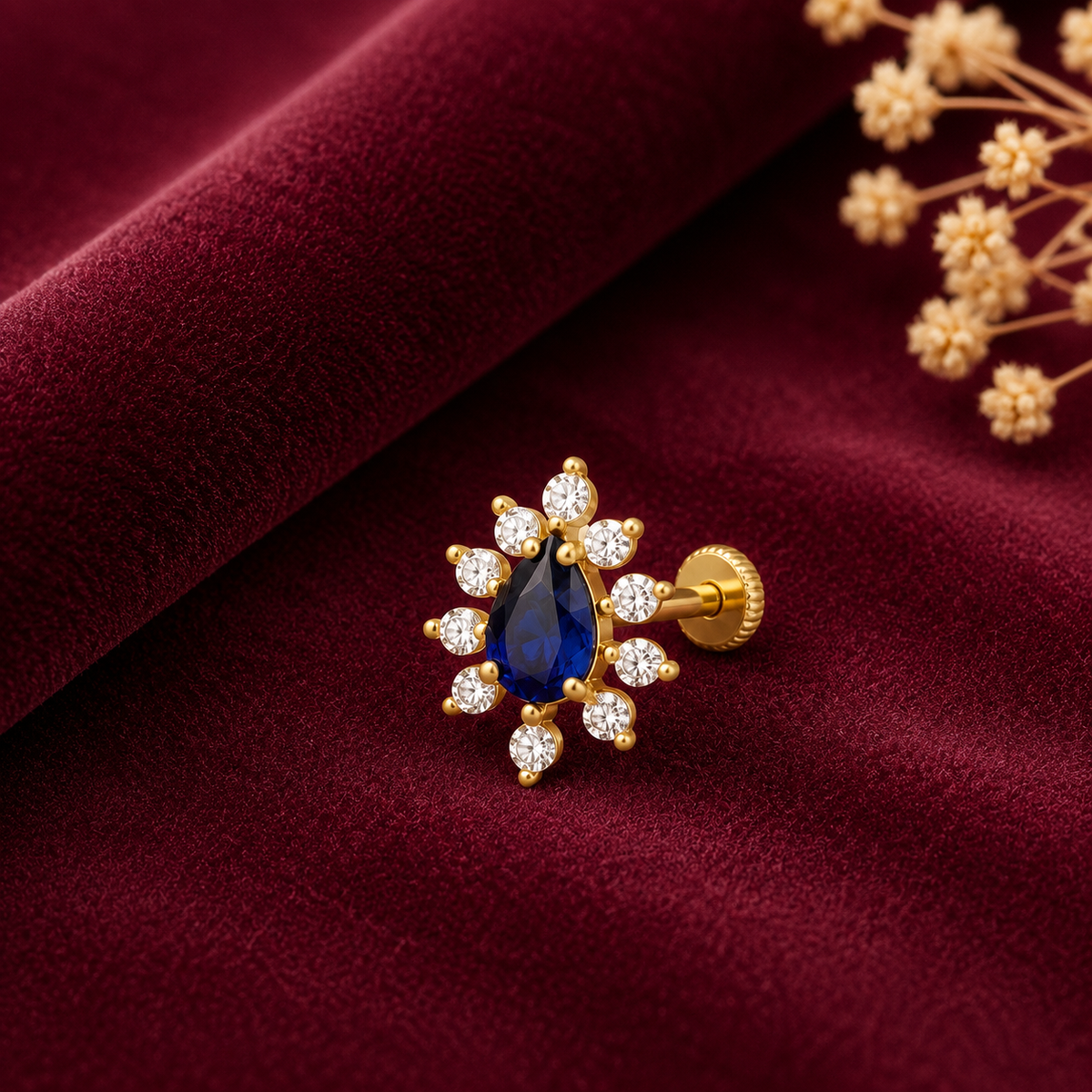 Gold Plated Blue CZ Starburst Nose Pin – Pear Cut Statement Floral Design
