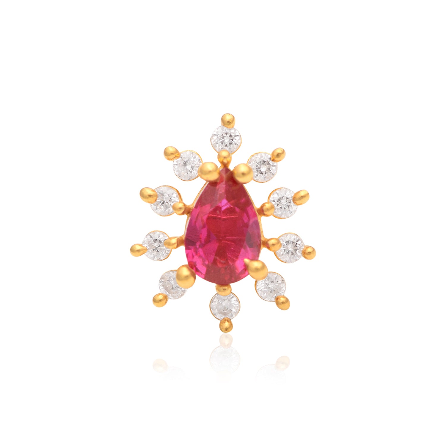 Red CZ Teardrop Halo Nose Pin - Sterling Silver Gold Plated