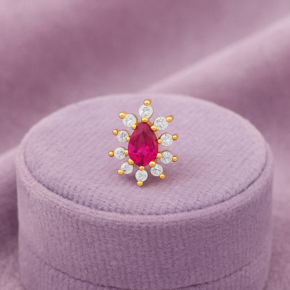 Red CZ Teardrop Halo Nose Pin - Sterling Silver Gold Plated