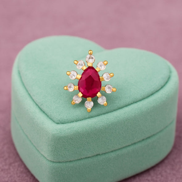 Red CZ Teardrop Halo Nose Pin - Sterling Silver Gold Plated