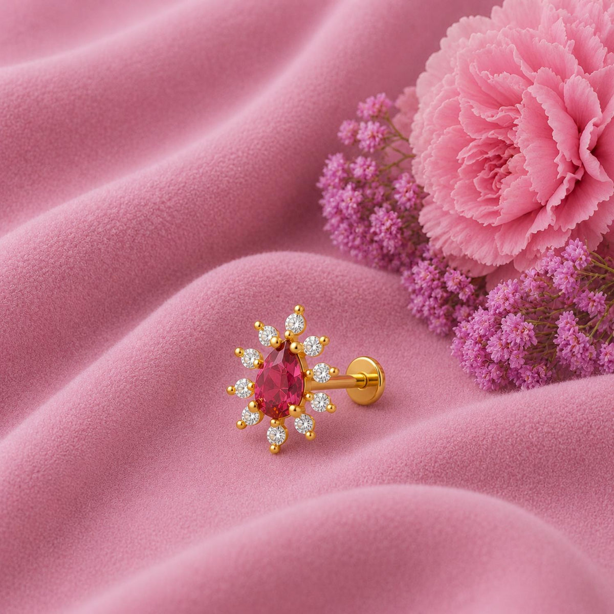 Red CZ Teardrop Halo Nose Pin - Sterling Silver Gold Plated