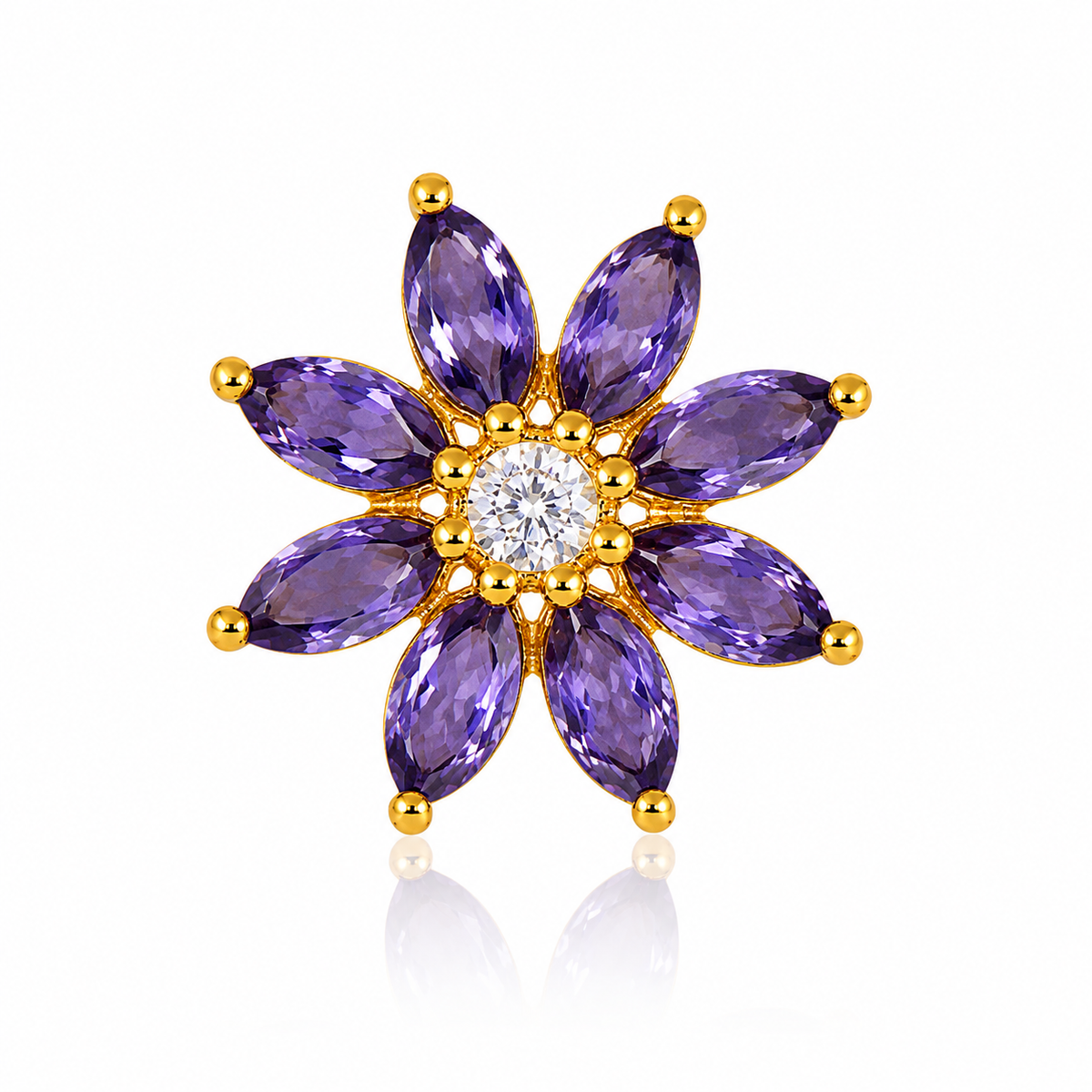 Amethyst CZ Floral Nose Pin - Gold Plated 925 Silver