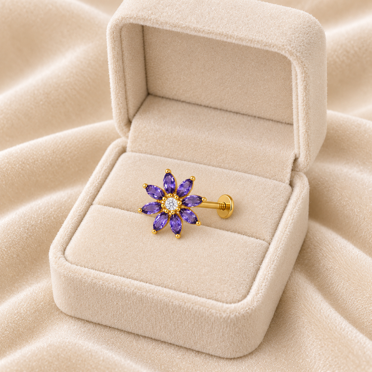 Amethyst CZ Floral Nose Pin - Gold Plated 925 Silver