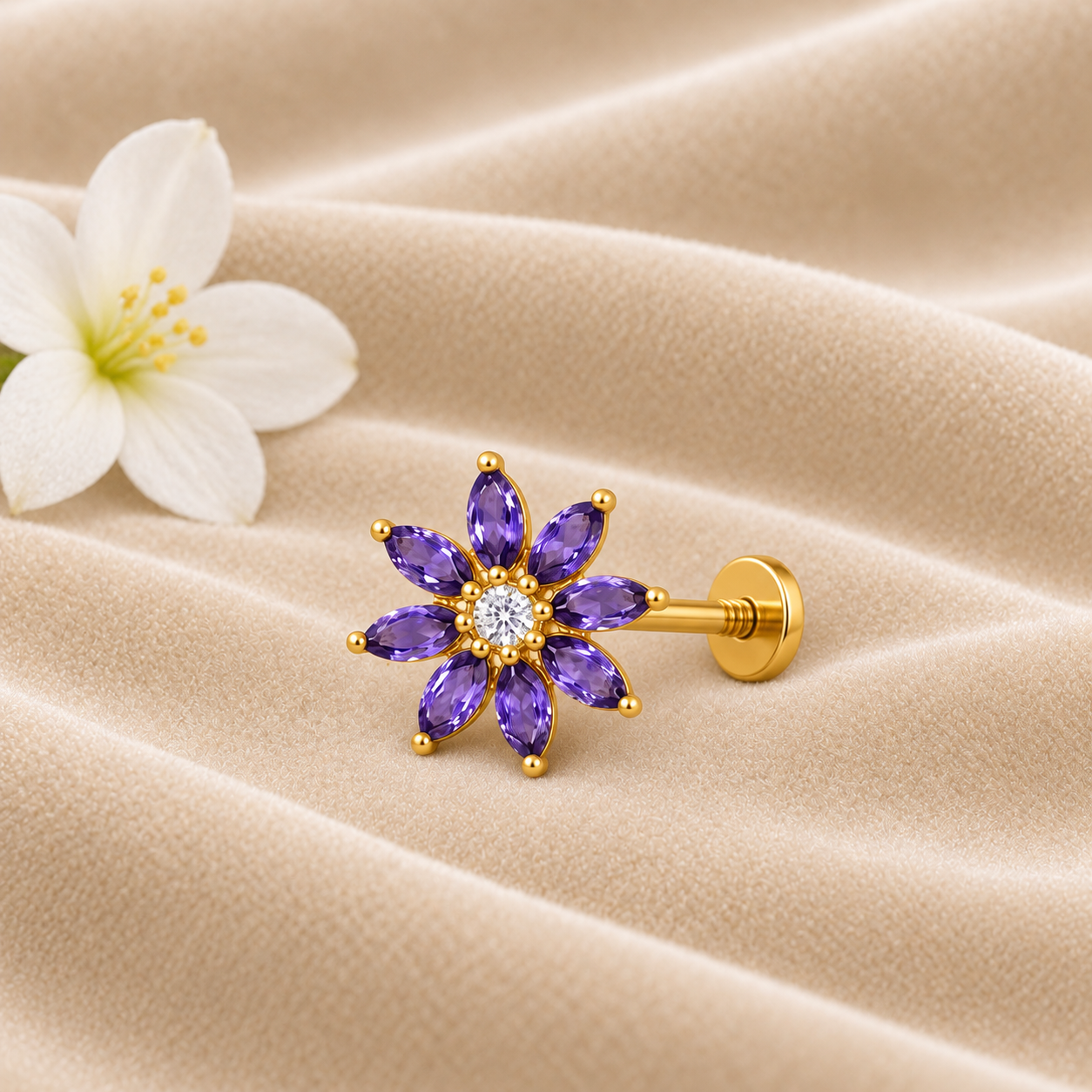 Amethyst CZ Floral Nose Pin - Gold Plated 925 Silver