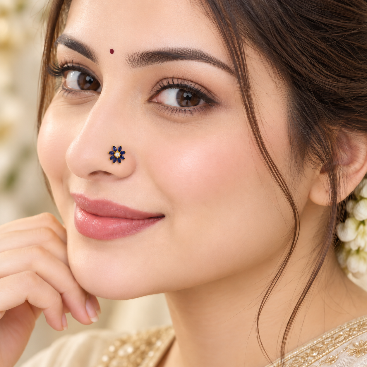Marquise Blue CZ Floral Nose Pin - Gold Plated 925 Silver