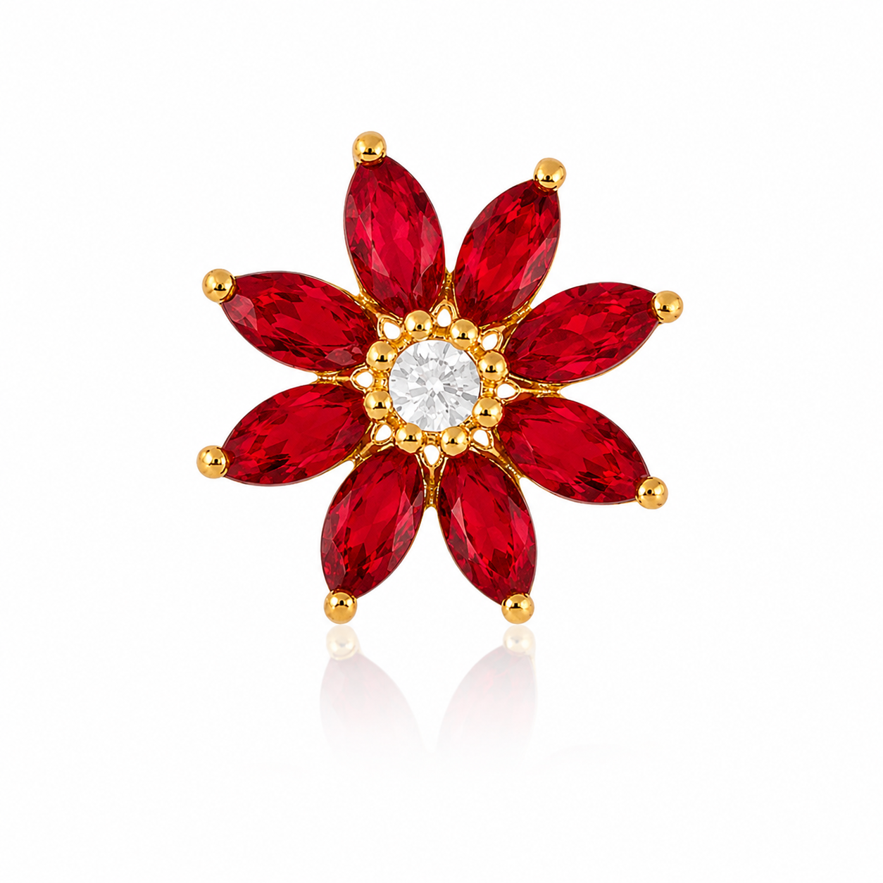 Marquise Red CZ Floral Nose Pin - Gold Plated 925 Silver