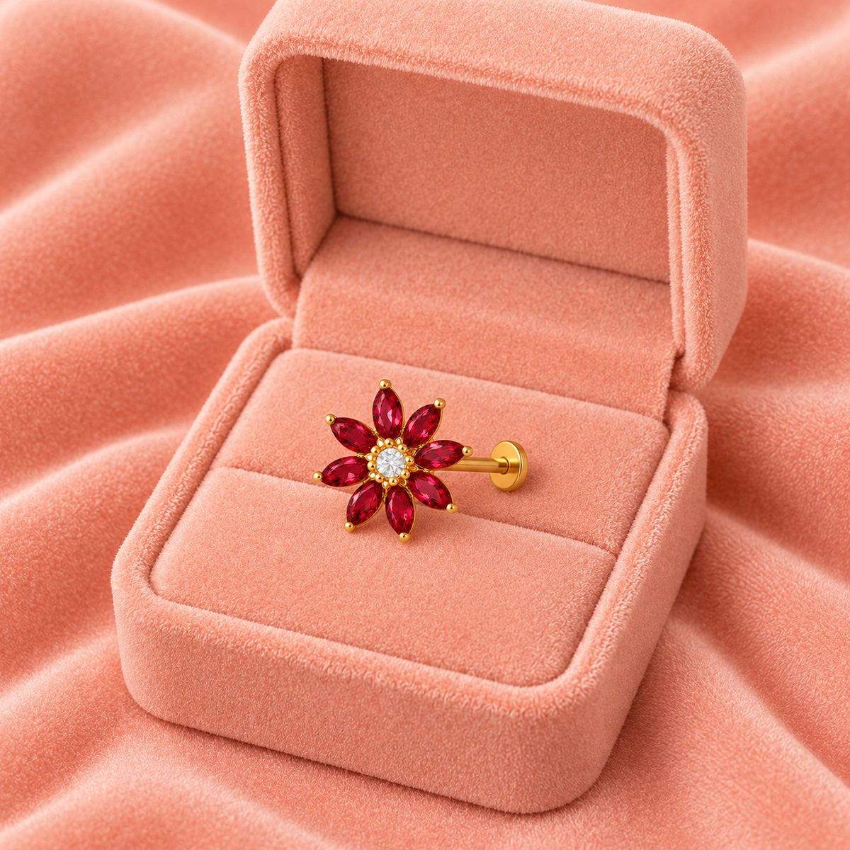 Marquise Red CZ Floral Nose Pin - Gold Plated 925 Silver