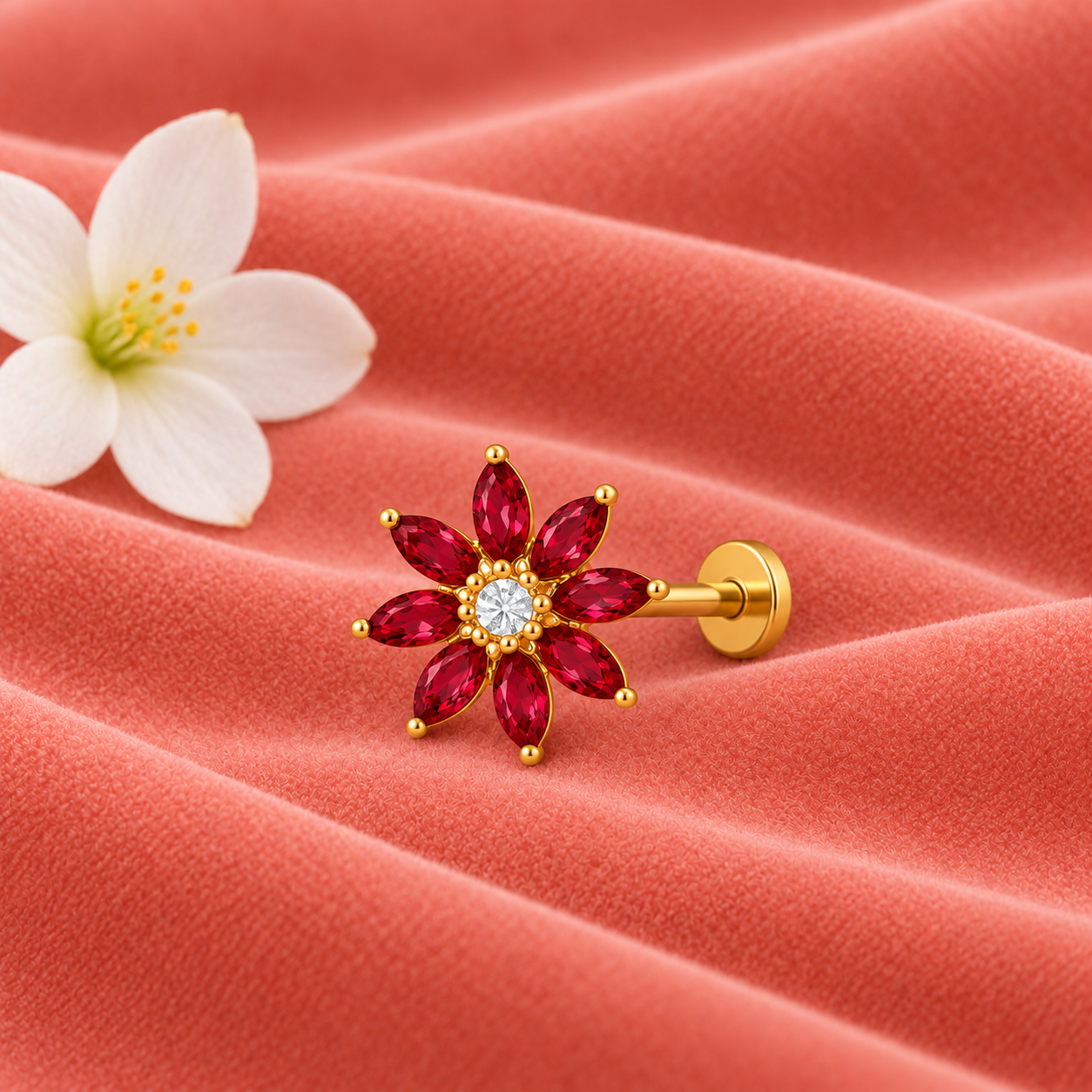 Marquise Red CZ Floral Nose Pin - Gold Plated 925 Silver