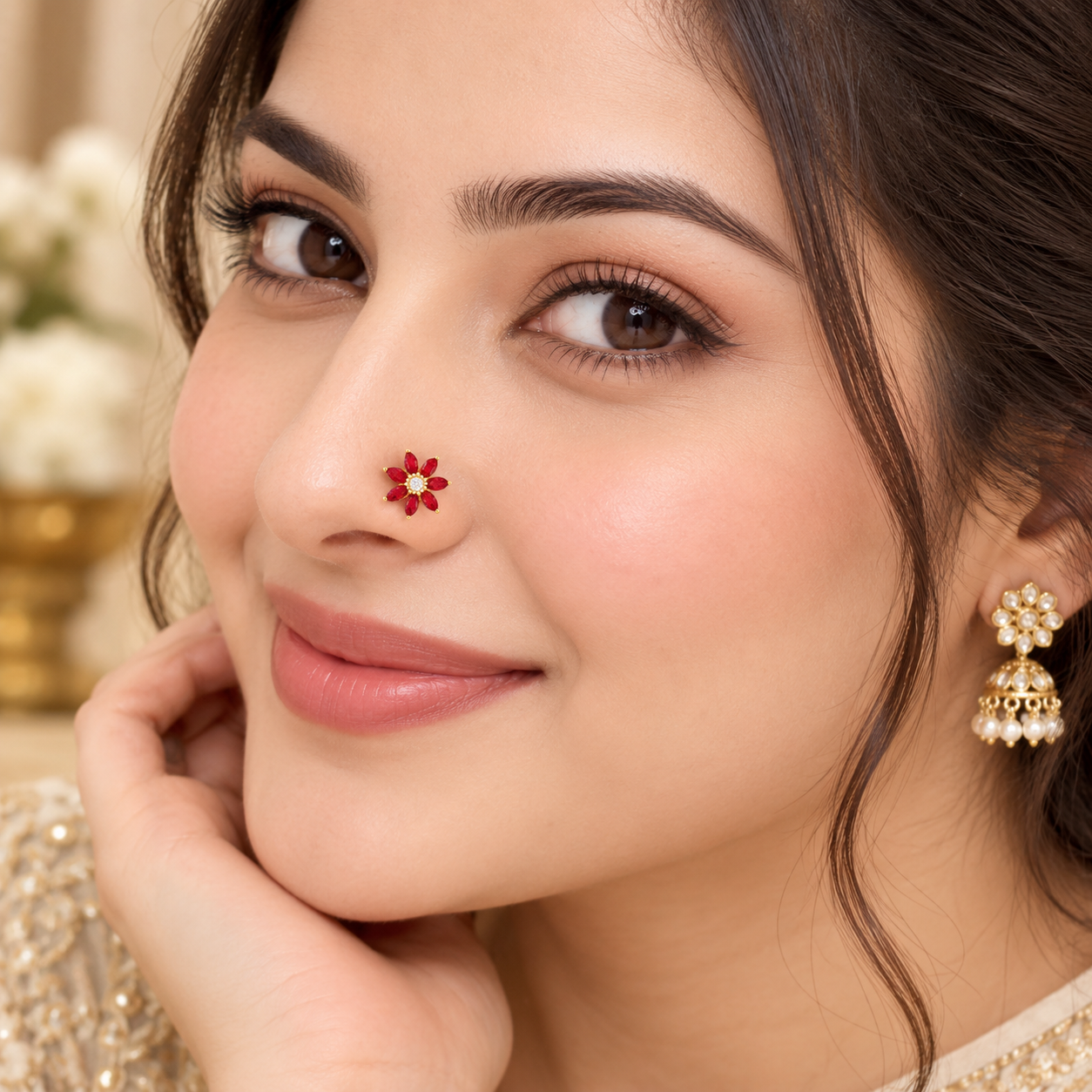 Marquise Red CZ Floral Nose Pin - Gold Plated 925 Silver