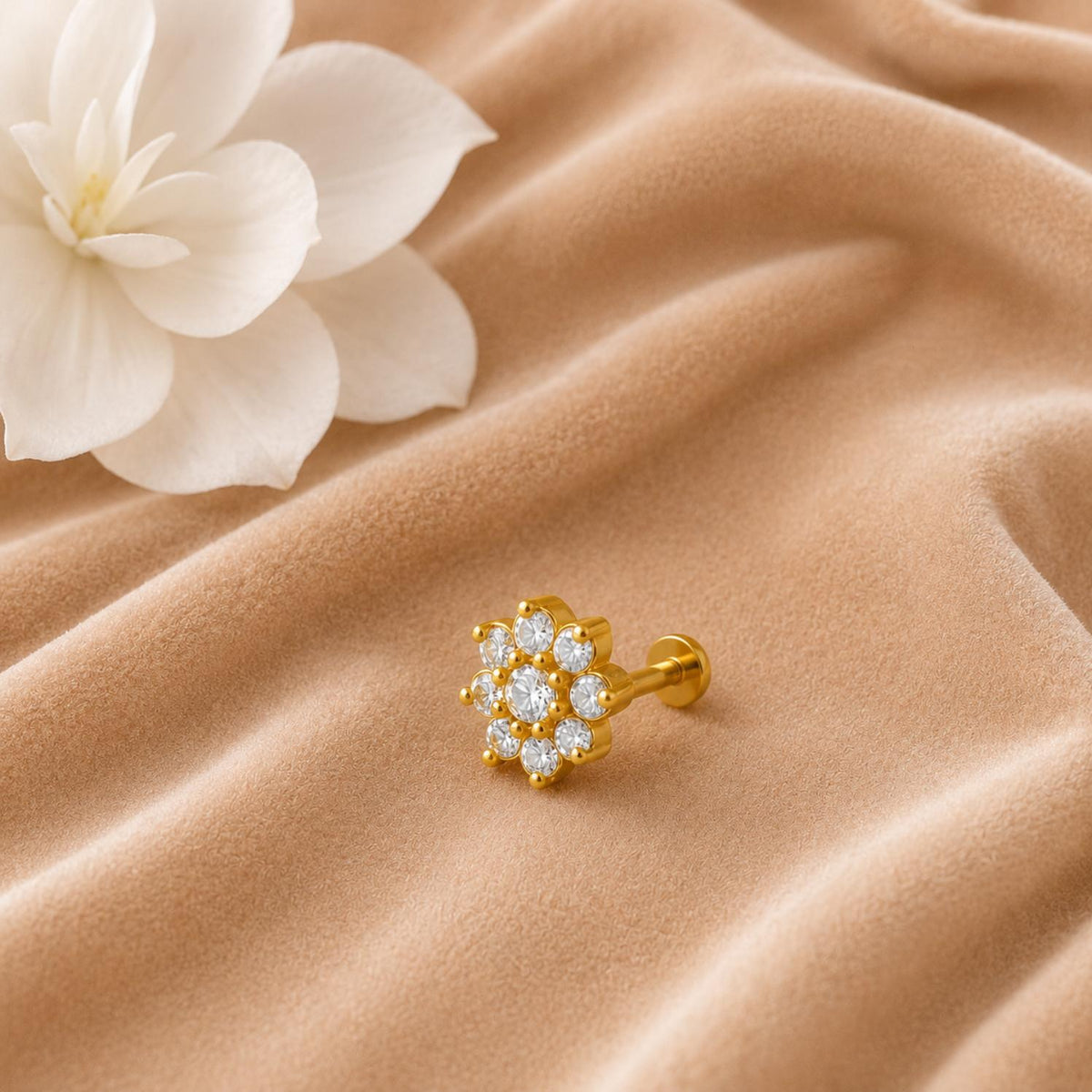 White CZ Floral Cluster Nose Pin –  Sterling Silver Gold Plated