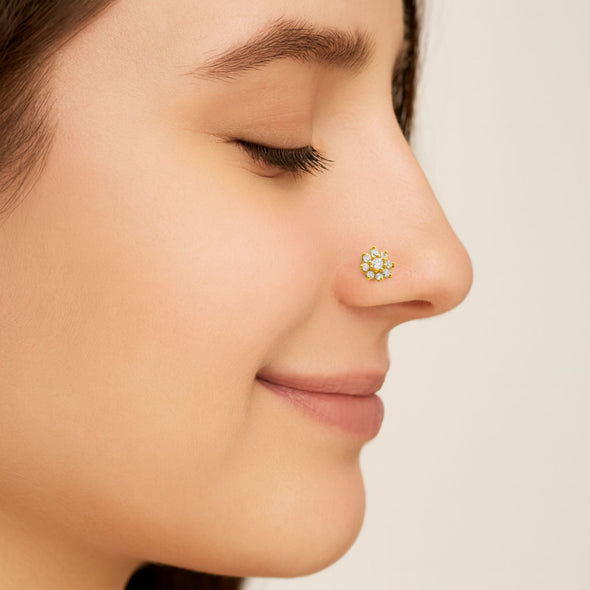 White CZ Floral Cluster Nose Pin –  Sterling Silver Gold Plated