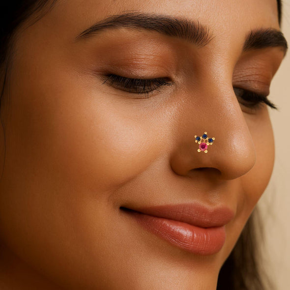 Red & Blue CZ Crown Nose Pin - Sterling Silver Gold Plated