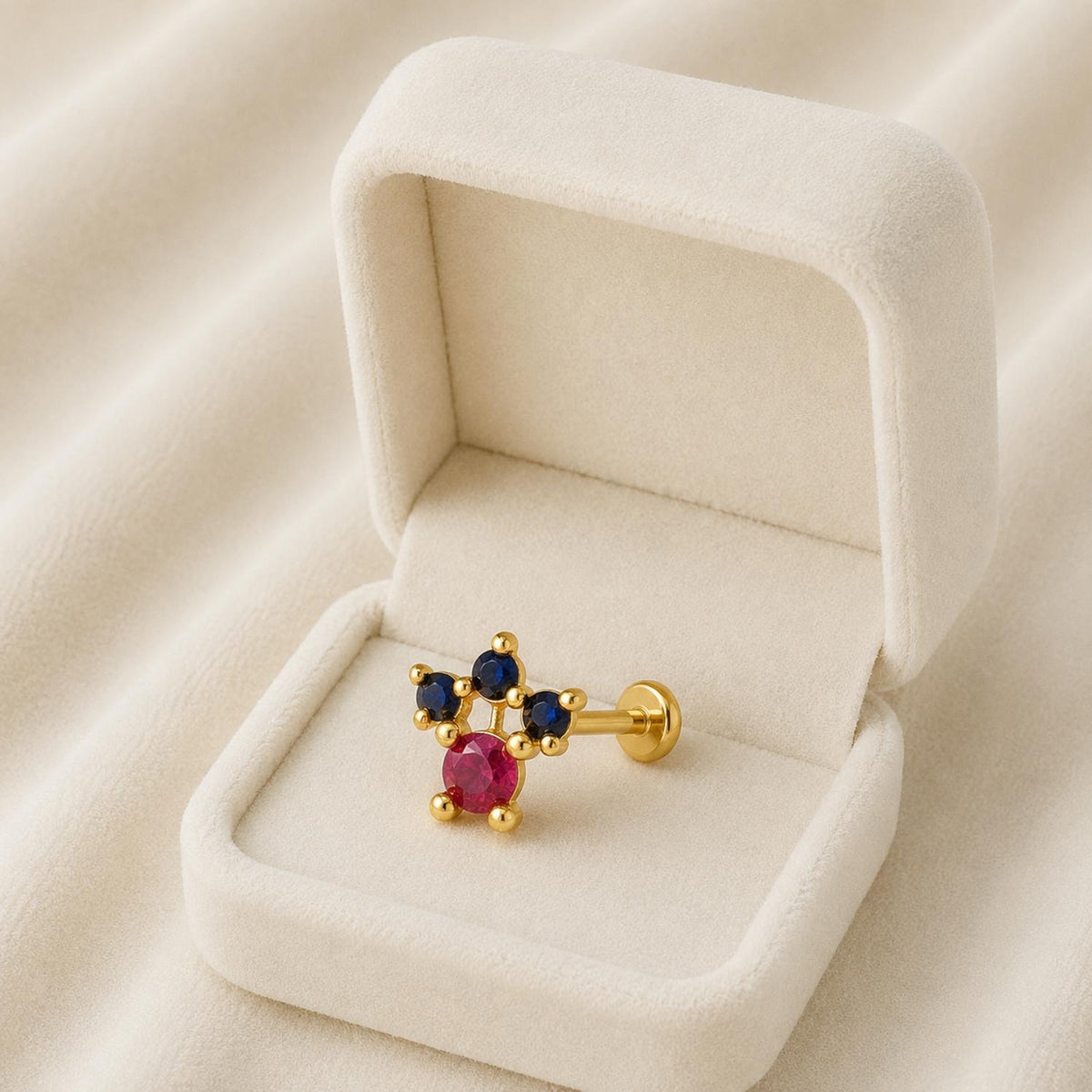 Red & Blue CZ Crown Nose Pin - Sterling Silver Gold Plated