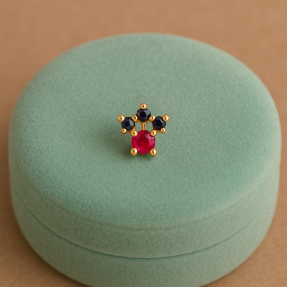 Red & Blue CZ Crown Nose Pin - Sterling Silver Gold Plated