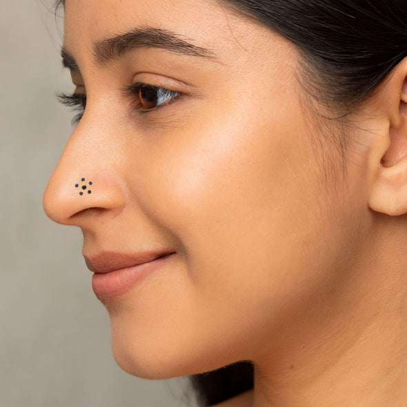 Blue CZ Floral Nose Pin - Sterling Silver Gold Plated