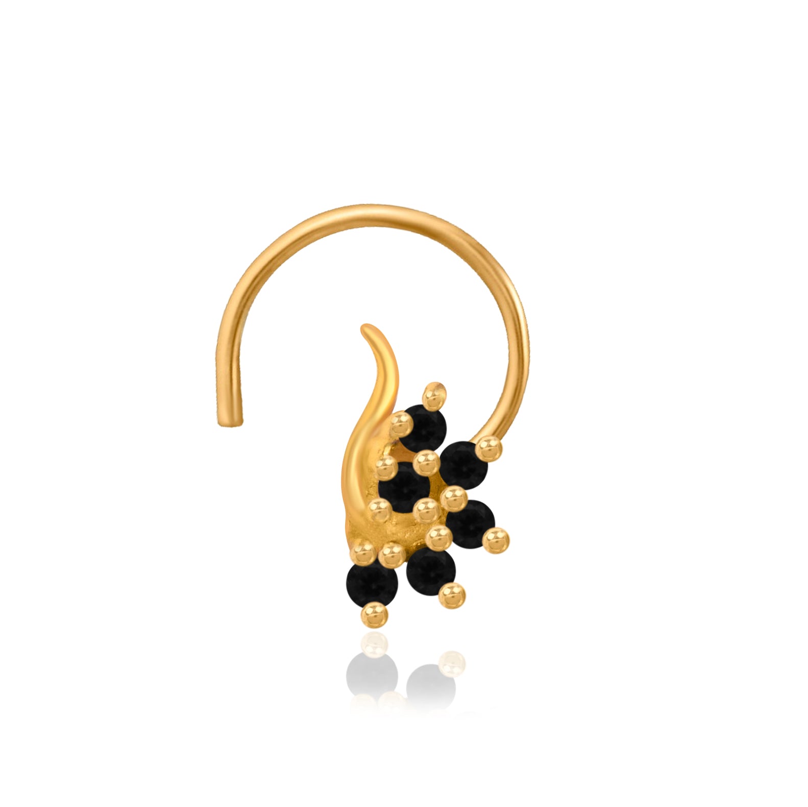 Multi Stone Curved Leaf Cluster Nose Pin – 925 Sterling Silver Yellow Plated
