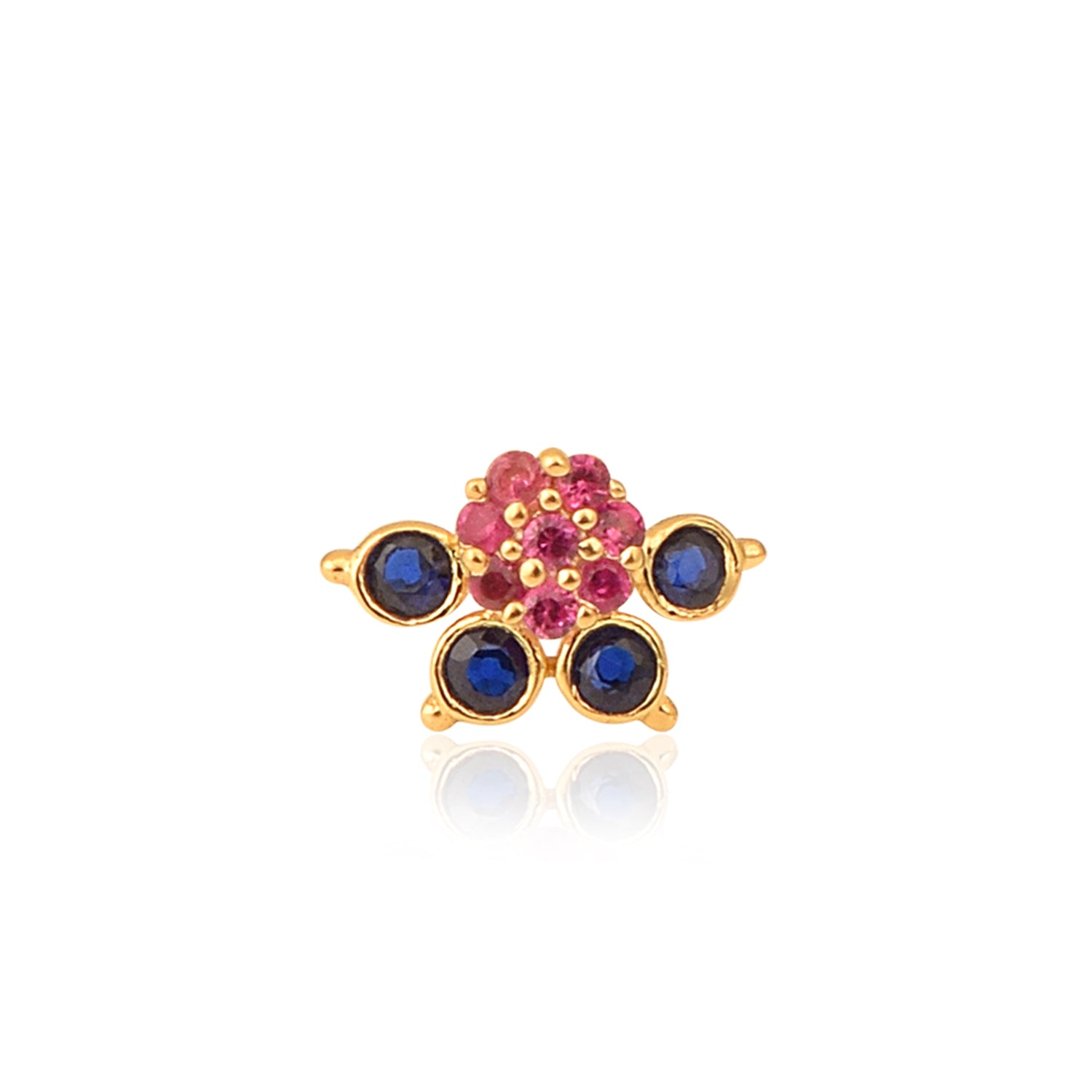 Red & Blue CZ Floral Nose Pin - Sterling Silver Gold Plated