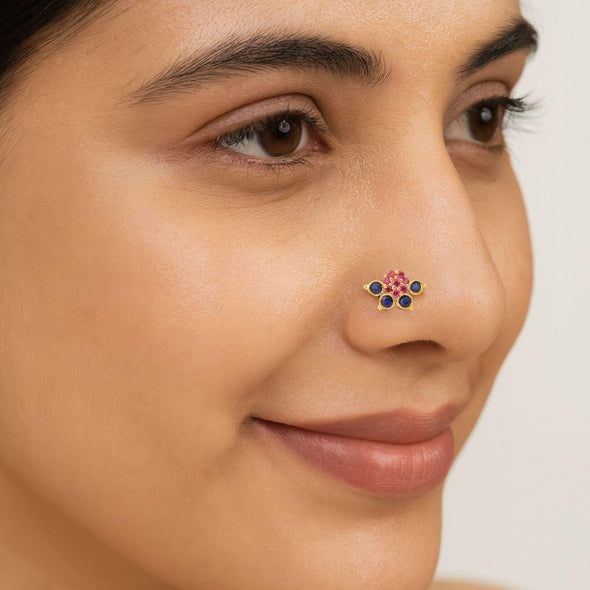 Red & Blue CZ Floral Nose Pin - Sterling Silver Gold Plated
