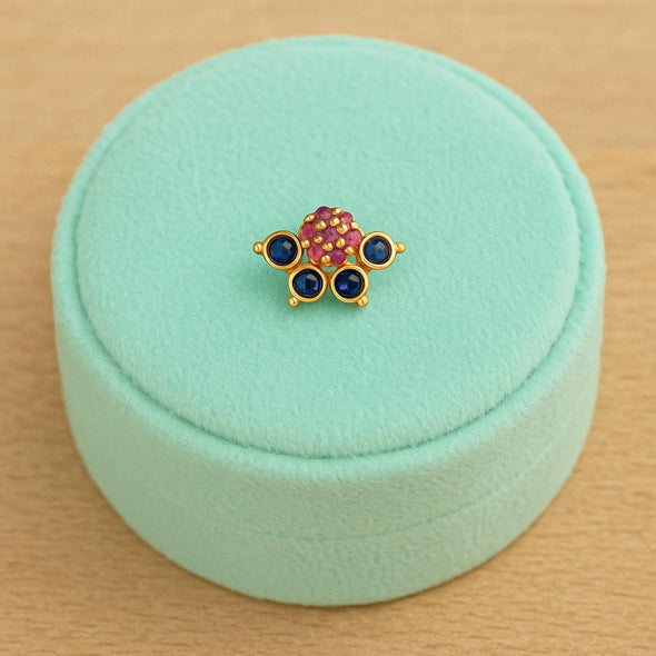 Red & Blue CZ Floral Nose Pin - Sterling Silver Gold Plated