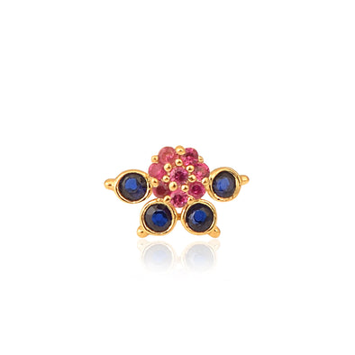 Red & Blue CZ Floral Nose Pin - Sterling Silver Gold Plated