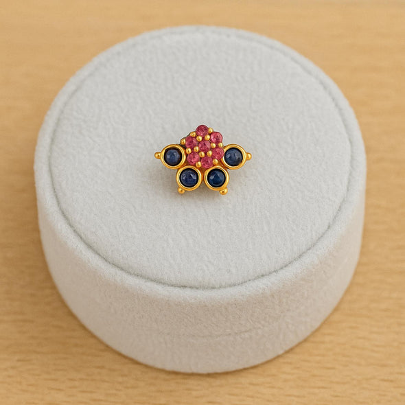 Red & Blue CZ Floral Nose Pin - Sterling Silver Gold Plated
