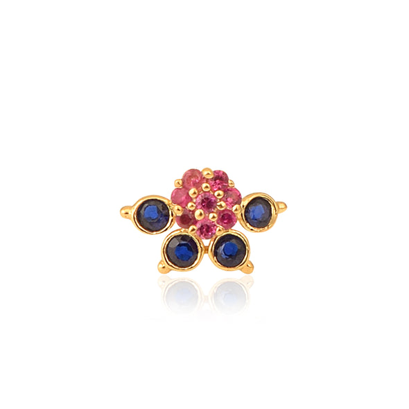 Red & Blue CZ Floral Nose Pin - Sterling Silver Gold Plated