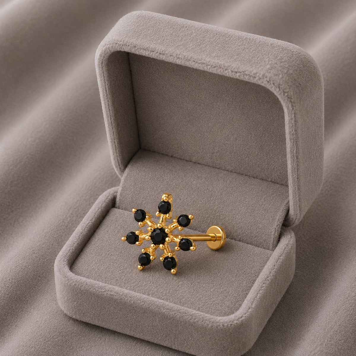 Black CZ Starburst Floral Nose Pin - Sterling Silver Gold Plated