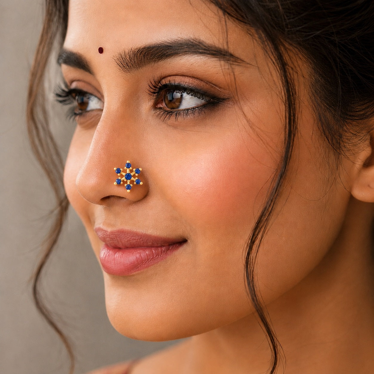 Blue Sapphire Snowflake Nose Stud - Gold Plated 925 Silver
