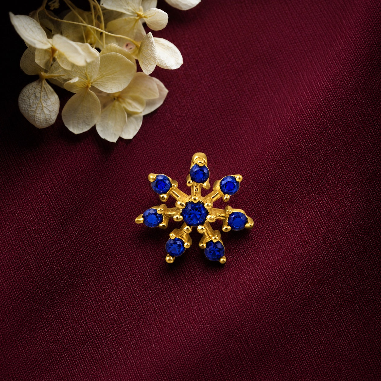 Blue Sapphire Snowflake Nose Stud - Gold Plated 925 Silver