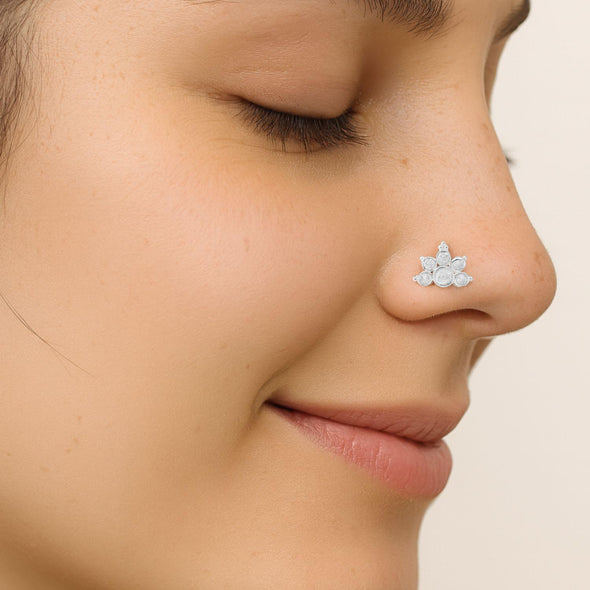 White CZ Crown Nose Pin - Sterling Silver