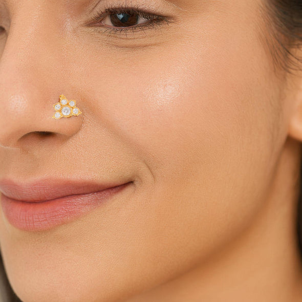 White CZ Crown Nose Pin - Sterling Silver Gold Plated