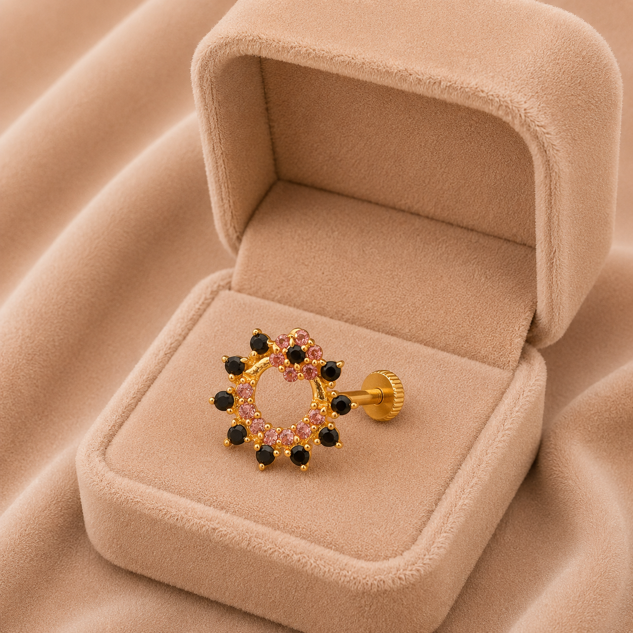 Pink & Black CZ Crown Nose Pin - Sterling Silver Gold Plated