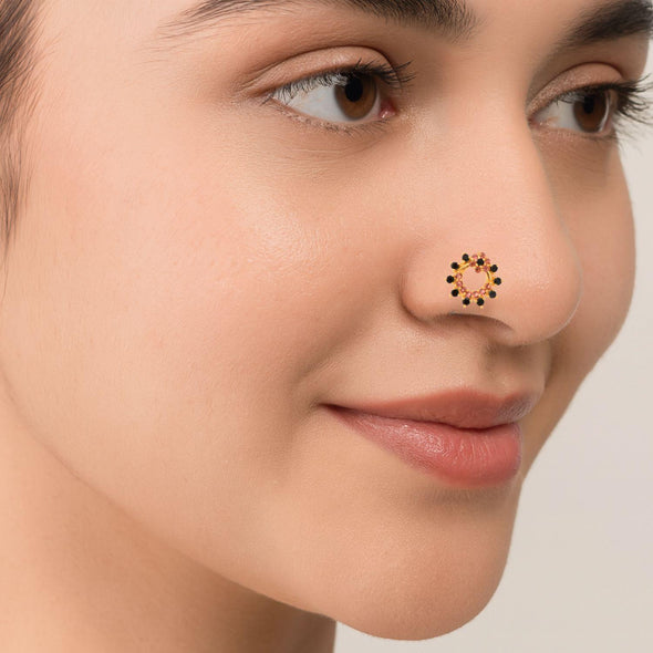 Pink & Black CZ Crown Nose Pin - Sterling Silver Gold Plated