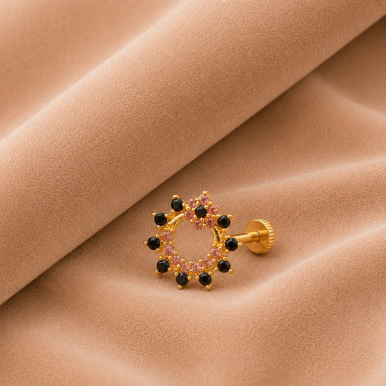 Pink & Black CZ Crown Nose Pin - Sterling Silver Gold Plated