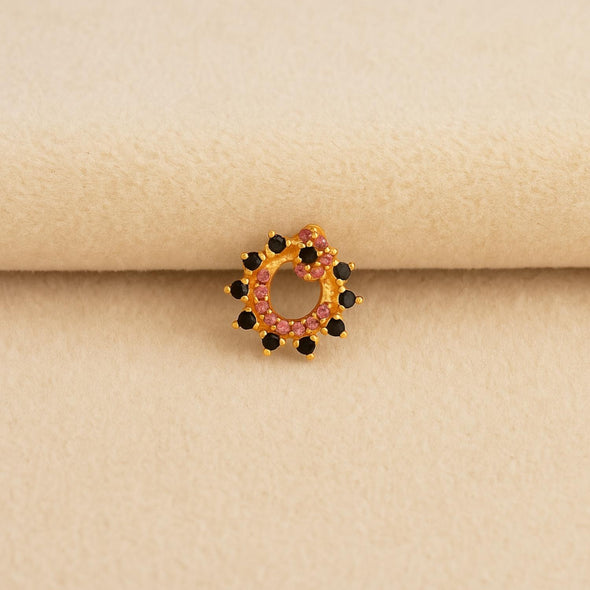 Pink & Black CZ Crown Nose Pin - Sterling Silver Gold Plated