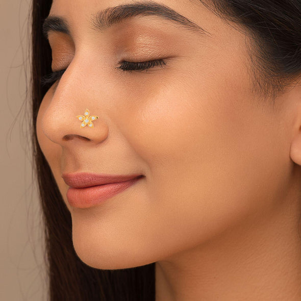 White CZ Star Flower Nose Pin - Sterling Silver Gold Plated