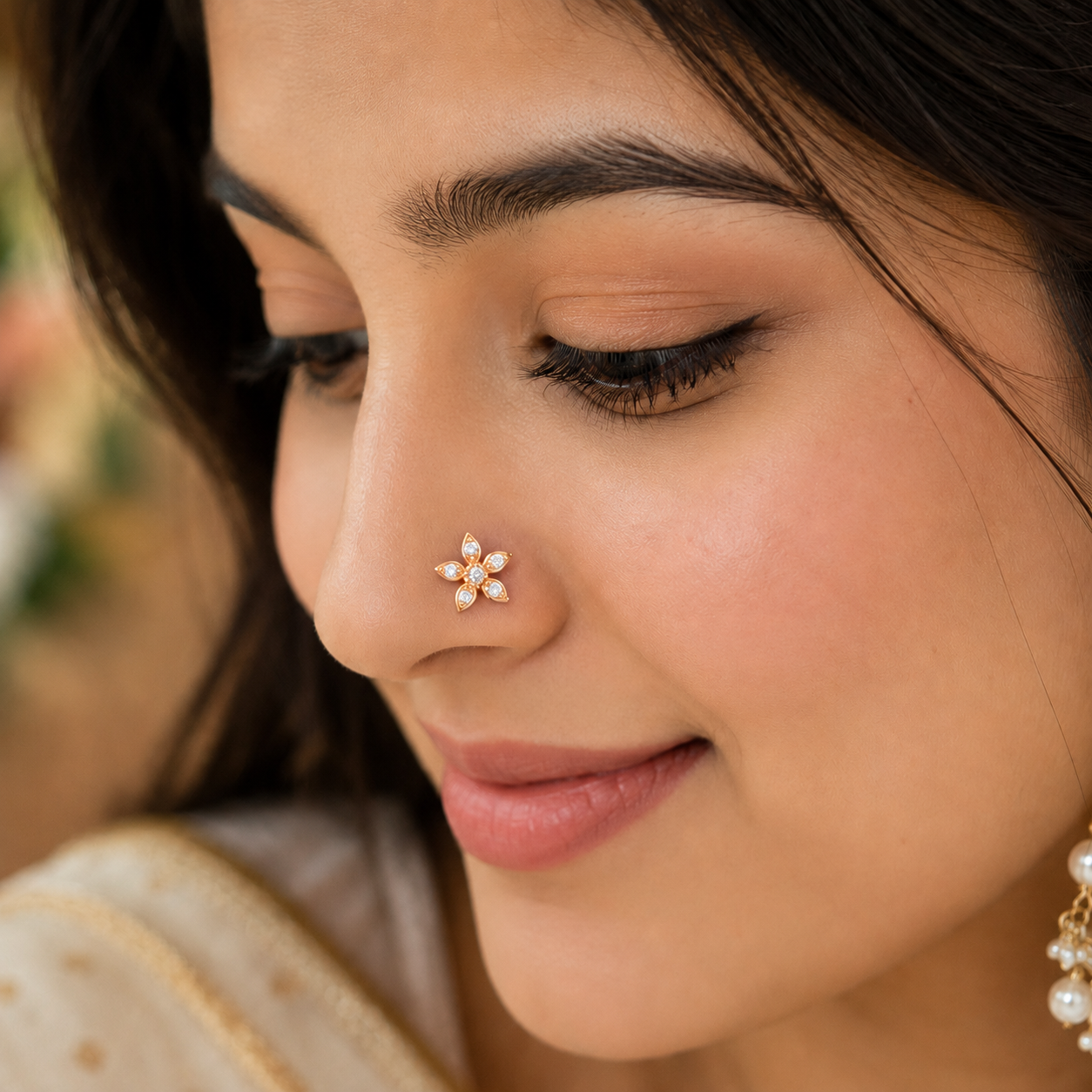 White CZ Star Flower Nose Pin - Sterling Silver Gold Plated